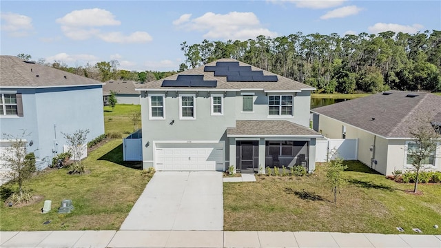 view of front of home featuring a front lawn, fence, roof with shingles, stucco siding, and driveway