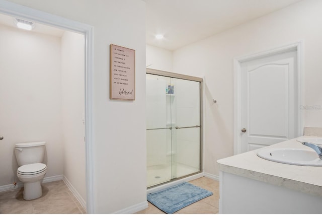 bathroom featuring tile patterned floors, visible vents, toilet, a shower stall, and baseboards