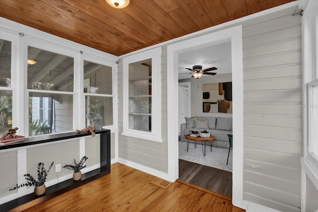 sunroom / solarium featuring wooden ceiling, visible vents, and ceiling fan