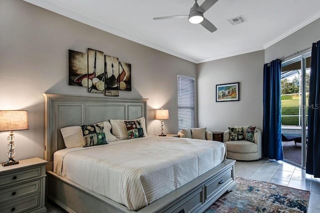 bedroom featuring visible vents, crown molding, ceiling fan, light tile patterned floors, and access to outside