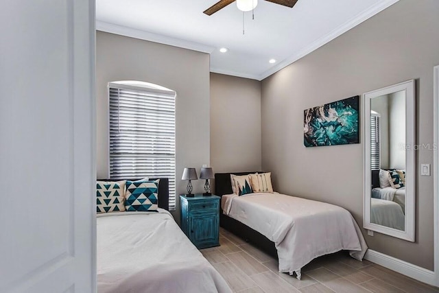 bedroom featuring baseboards, wood tiled floor, ornamental molding, recessed lighting, and a ceiling fan