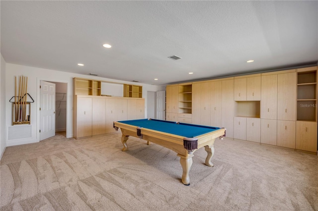 game room featuring light carpet, visible vents, and billiards