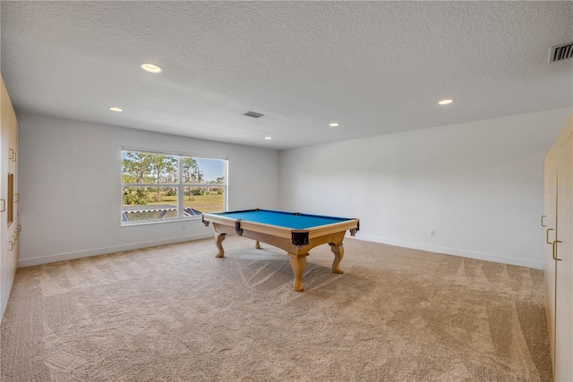 game room featuring visible vents, pool table, baseboards, carpet flooring, and recessed lighting