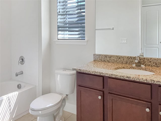 full bath with tile patterned flooring, shower / bathing tub combination, toilet, and vanity