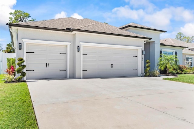 view of front of property with a shingled roof, stucco siding, concrete driveway, a front lawn, and a garage