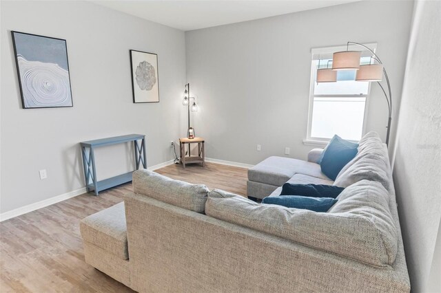 living area with baseboards and wood finished floors