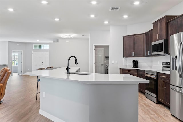 kitchen with visible vents, open floor plan, an island with sink, appliances with stainless steel finishes, and a sink