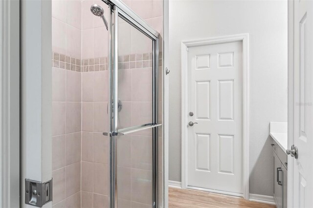 149 St Thomas Dr, Mulberry, FL 33860 - full bathroom with a shower stall, vanity, and wood finished floors