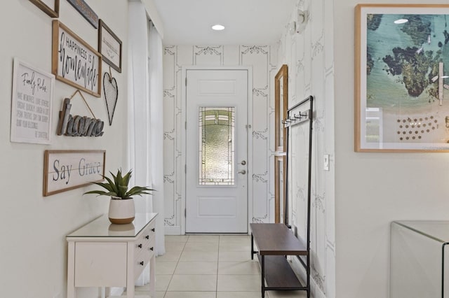 entryway featuring light tile patterned floors and recessed lighting