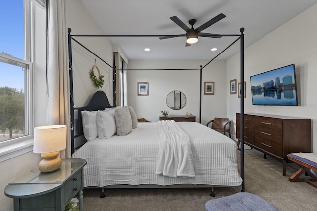 bedroom with a ceiling fan, recessed lighting, and carpet