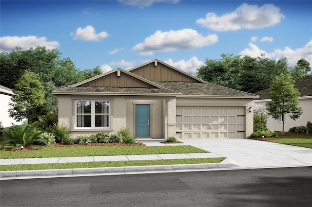 ranch-style home with a shingled roof, a garage, driveway, and stucco siding