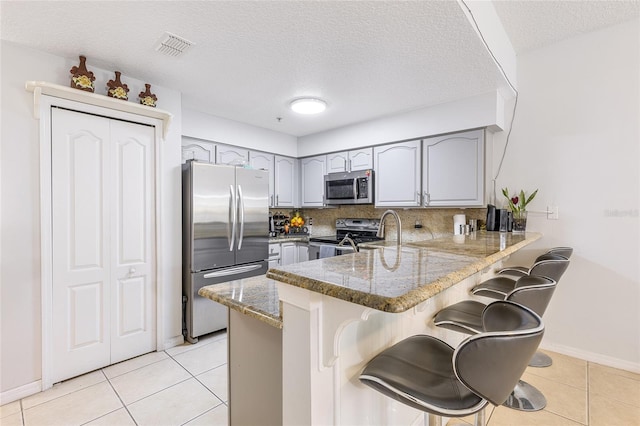 kitchen with tasteful backsplash, a peninsula, stainless steel appliances, and gray cabinetry