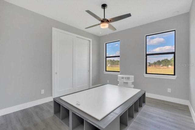 bedroom with a ceiling fan, wood finished floors, baseboards, and a closet