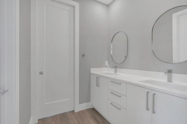 full bathroom with a sink, baseboards, wood finished floors, and double vanity