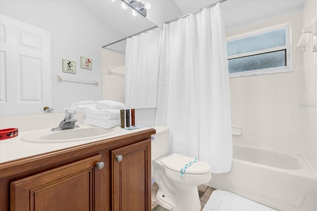 full bath with vanity, shower / bath combination with curtain, and toilet