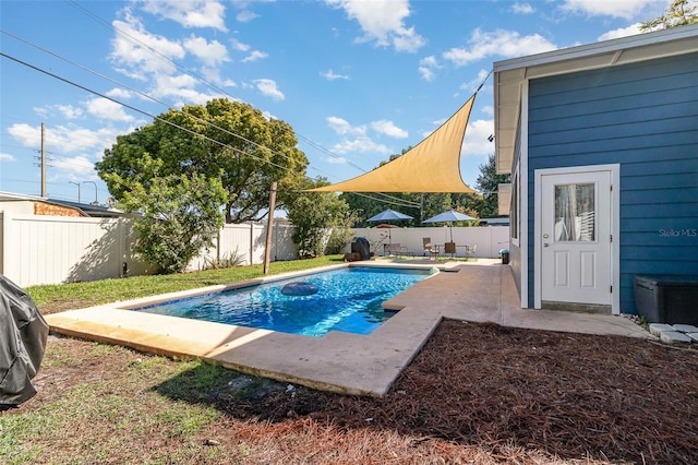 view of swimming pool featuring a fenced in pool, a patio, and a fenced backyard