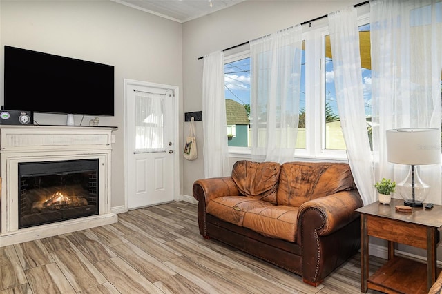 living area with light wood-style flooring, baseboards, a glass covered fireplace, and ornamental molding