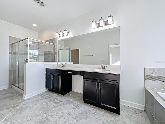 bathroom featuring visible vents, a garden tub, a stall shower, a sink, and double vanity