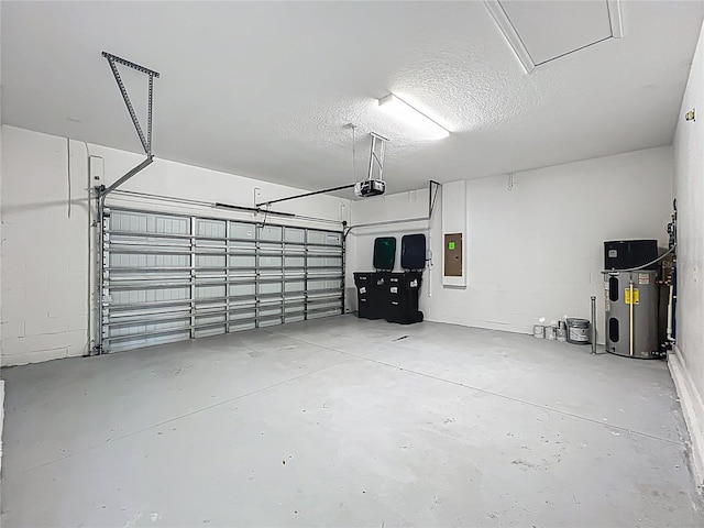 garage with electric panel, concrete block wall, a garage door opener, and water heater