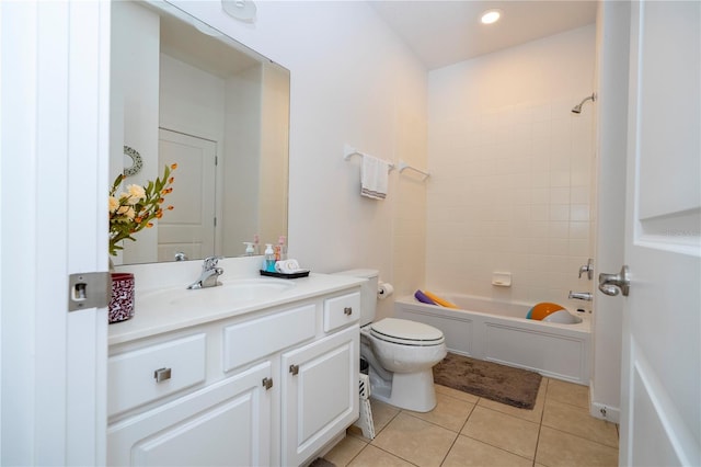 full bathroom with tub / shower combination, toilet, recessed lighting, tile patterned floors, and vanity