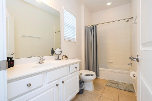 full bathroom with toilet, recessed lighting, tile patterned floors, shower / bath combination with curtain, and vanity
