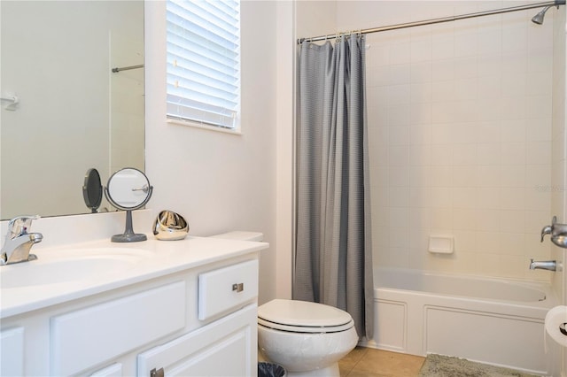 bathroom with tile patterned floors, vanity, toilet, and shower / tub combo with curtain
