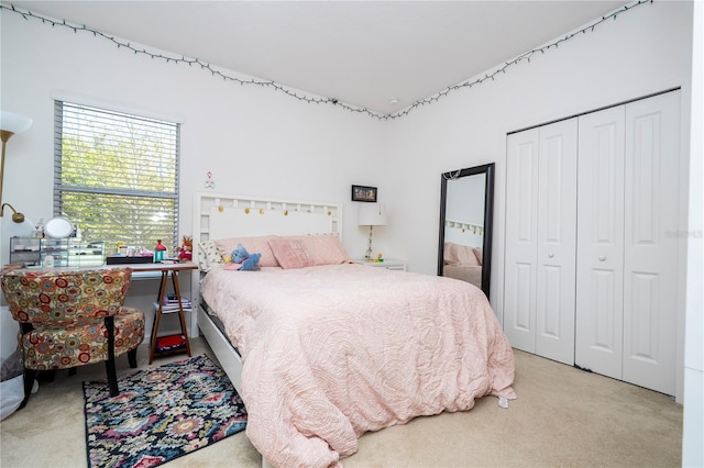 bedroom featuring carpet and a closet