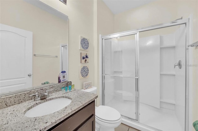 bathroom featuring vanity, toilet, and a shower stall