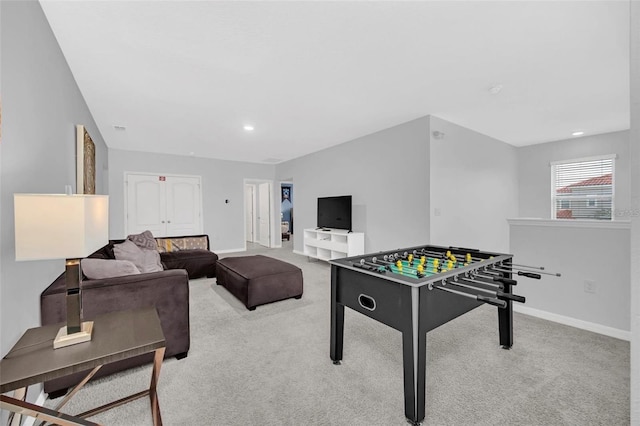 recreation room with recessed lighting, baseboards, and carpet flooring