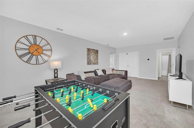 recreation room featuring carpet flooring, recessed lighting, baseboards, and visible vents