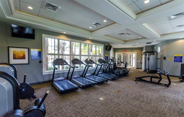 gym featuring visible vents, carpet flooring, coffered ceiling, and baseboards