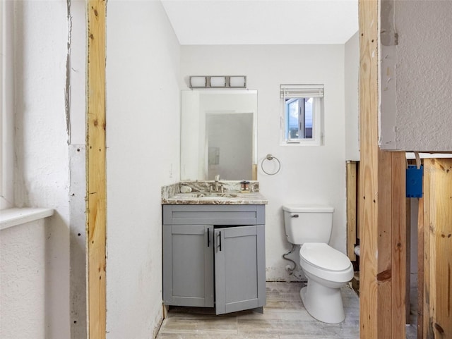 half bath featuring toilet, vanity, and wood finished floors