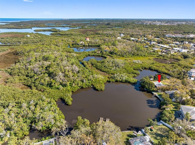 birds eye view of property featuring a wooded view and a water view