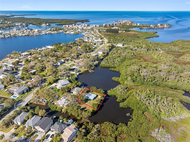 drone / aerial view featuring a water view
