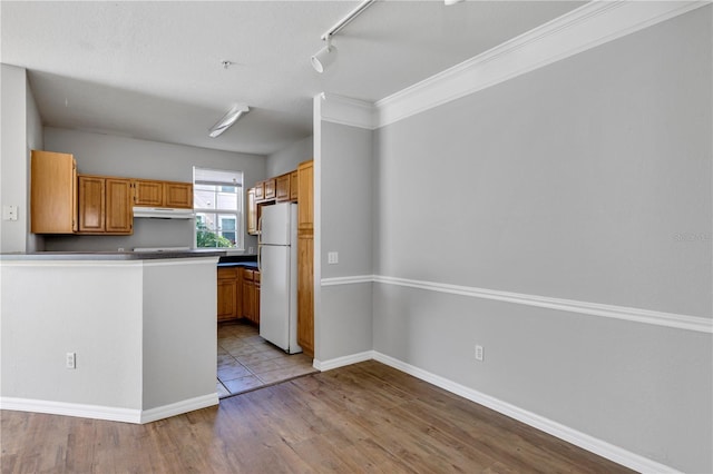 kitchen with under cabinet range hood, wood finished floors, freestanding refrigerator, rail lighting, and baseboards