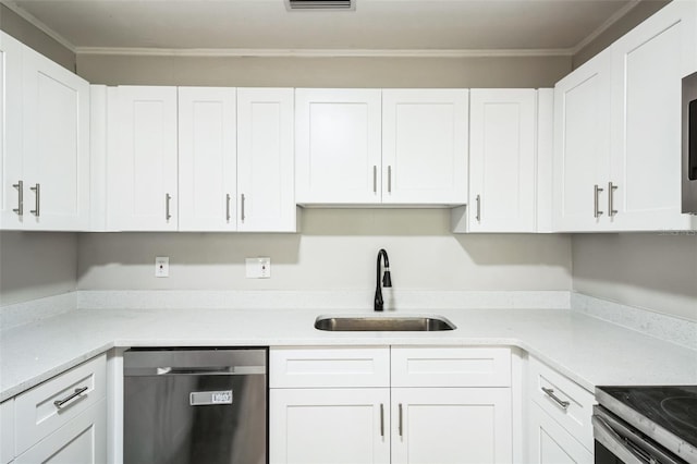 kitchen with visible vents, dishwasher, ornamental molding, white cabinets, and a sink