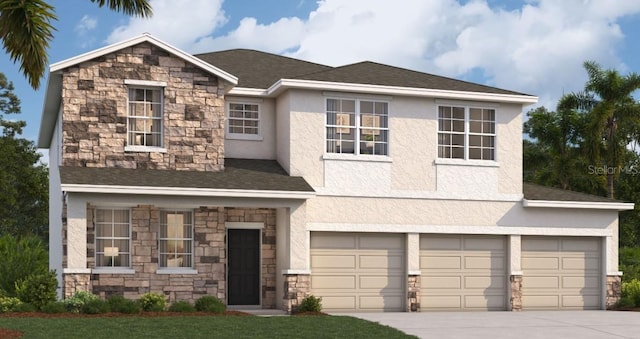 view of front facade with concrete driveway, stone siding, roof with shingles, and stucco siding