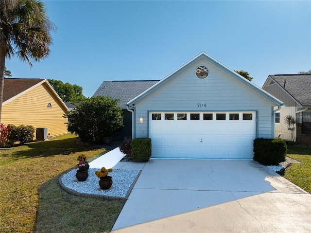 single story home with cooling unit, concrete driveway, and a front lawn