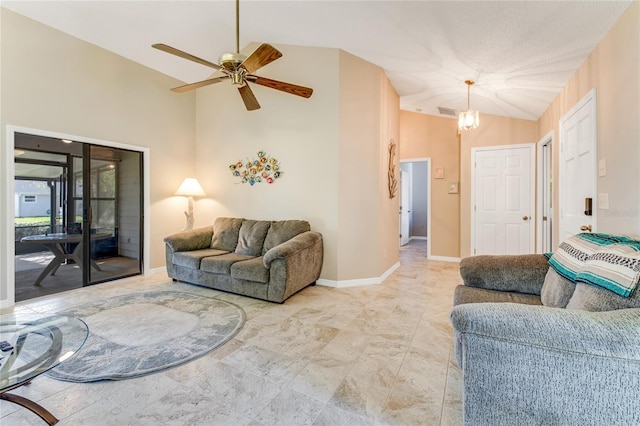 living area featuring high vaulted ceiling, visible vents, baseboards, and ceiling fan