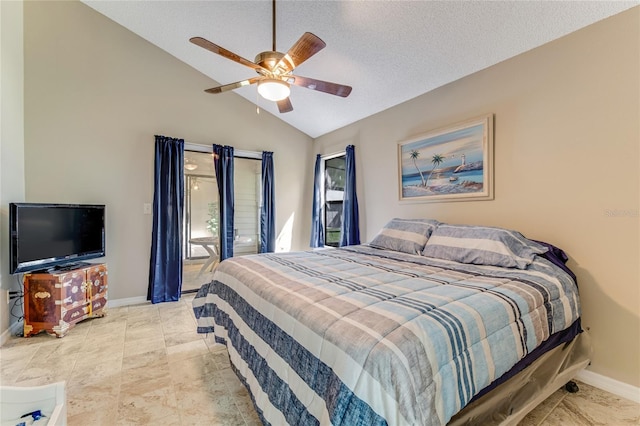 bedroom featuring a ceiling fan, a textured ceiling, baseboards, access to exterior, and vaulted ceiling