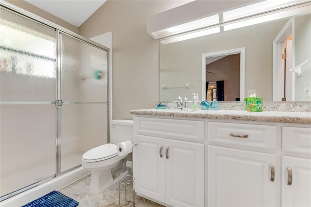 bathroom with a shower stall, toilet, and vanity