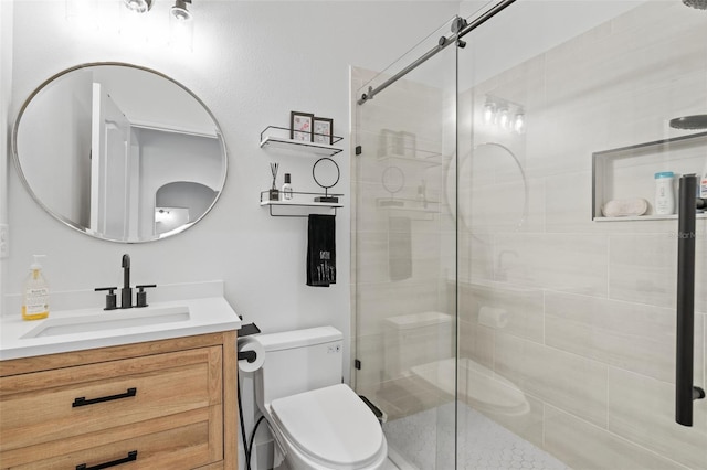 bathroom with a shower stall, toilet, and vanity