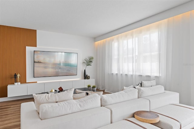 living room featuring a textured ceiling and wood finished floors