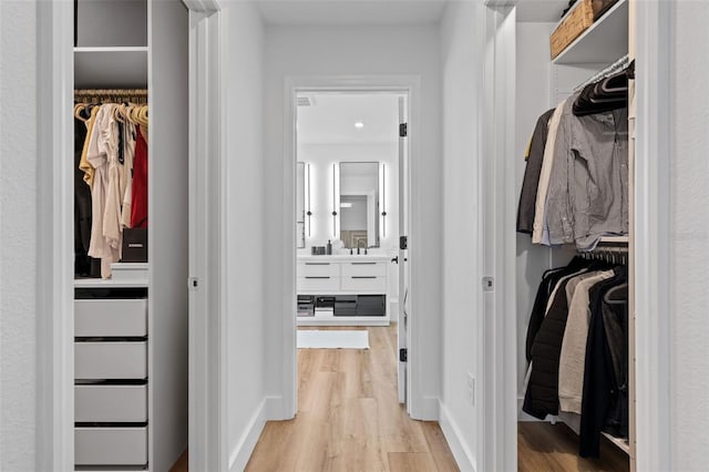 walk in closet with a sink and light wood-style flooring