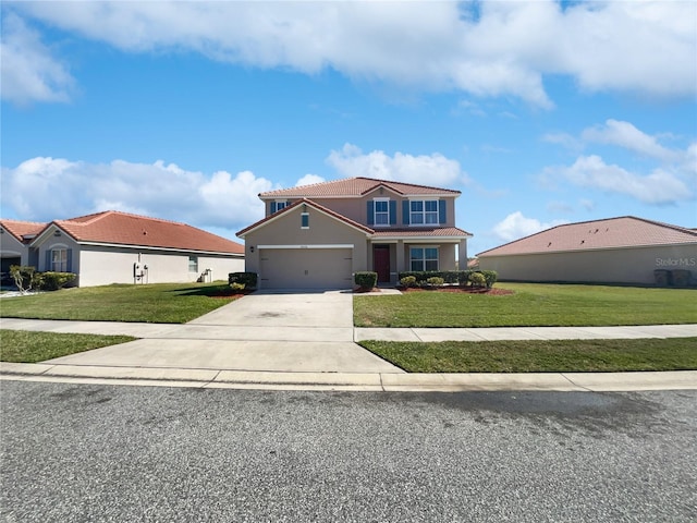 traditional-style house featuring stucco siding, concrete driveway, an attached garage, a front yard, and a tiled roof