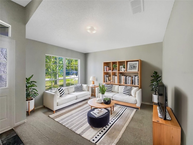 living area featuring visible vents, baseboards, a textured ceiling, and carpet floors