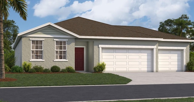 ranch-style house with stucco siding, driveway, a front yard, and a garage