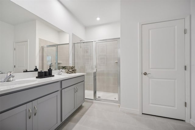 full bathroom featuring a sink, a shower stall, and tile patterned flooring