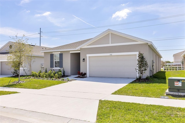 single story home with a front lawn, an attached garage, driveway, and stucco siding