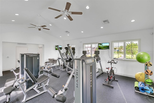 gym with visible vents, baseboards, lofted ceiling, recessed lighting, and a ceiling fan